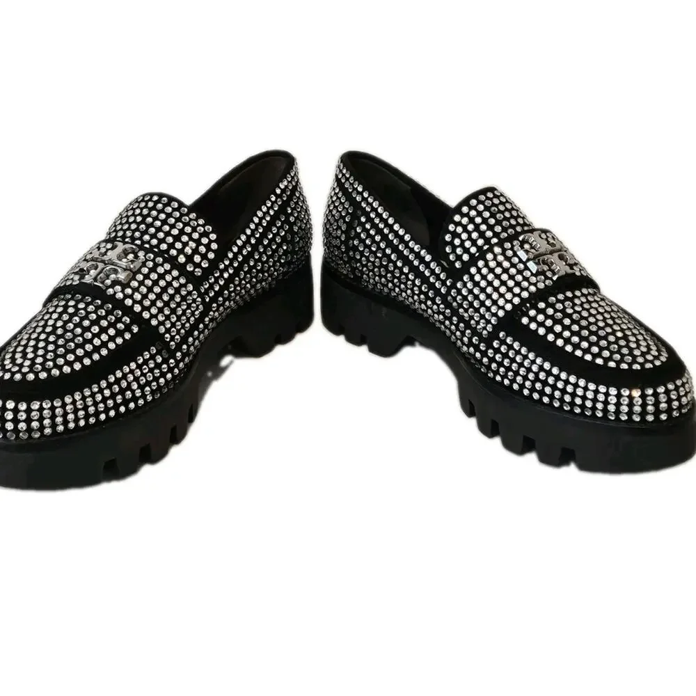 New Tory Burch Chunky Loafer Mini Everly Black Suede Crystals Lug Sole Size 7M